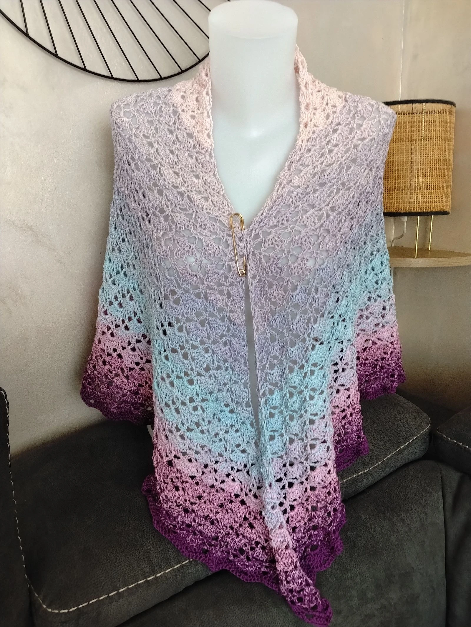 Large handmade summer shawl — Powder pink, sky blue & lilac gradient – photo 2